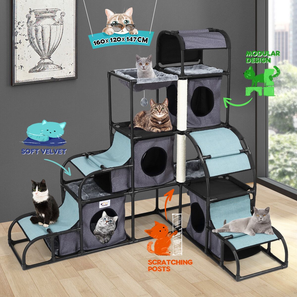 Cat Tower Tree Scratching Post Climbing Scratcher Play House Furniture Pet Toys Condo Hammock Nest Bed Gym Activity Center Multi-Level