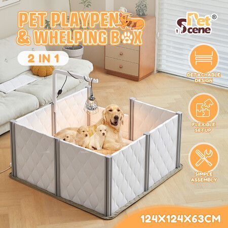 Pet Dog Playpen Enclosure Kennel Whelping Box Supplies Cat Cage Puppy Pen Panel 2 In 1 Safety Gate Fence Indoor Play Exercise Lamp Holder