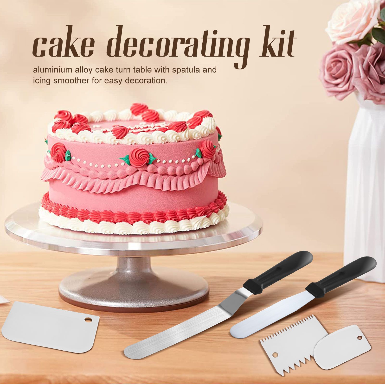 30cm Cake Turntable Stand 26Pcs Decorating Kit Supplies Baking Tools Rotating Stand Icing Piping Nozzle Spatula Cutter Pastry Bag Scraper Aluminium