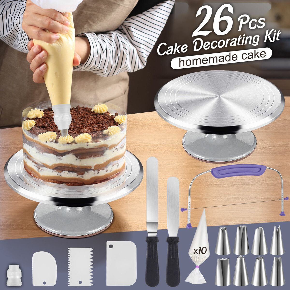 30cm Cake Turntable Stand 26Pcs Decorating Kit Supplies Baking Tools Rotating Stand Icing Piping Nozzle Spatula Cutter Pastry Bag Scraper Aluminium