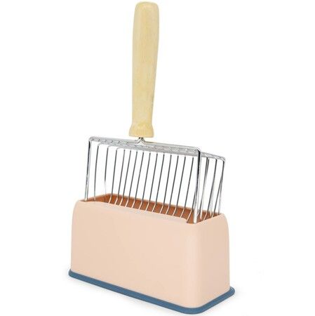 Metal Cat Litter Scoop with Holder Fast Sifting Kitty Poop Scooper Caddy Cat Poop Scooper Stand (Pink)