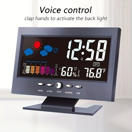1pc Weather Clock With Time Date Week Temperature Humidity Display Weather Forecast Function With Voice-activated Backlight Function