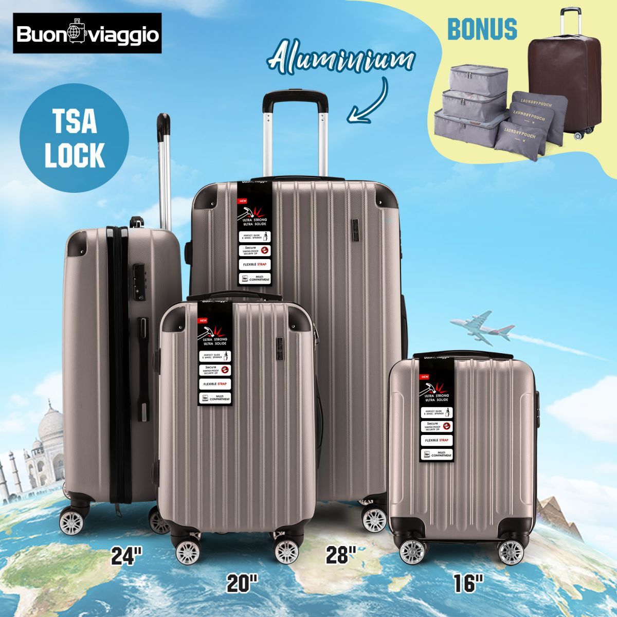 4 Piece Luggage Set Suitcase Carry On Traveller Bags Hard Shell Trolley ...