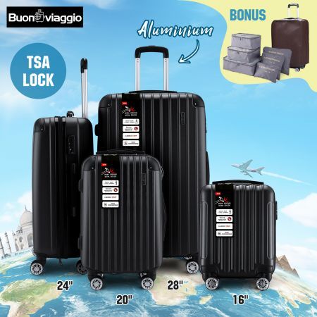 4 Piece Luggage Suitcase Set Carry On Traveller Bag Hard Shell TSA Lock Checked Trolley Rolling Lightweight Black