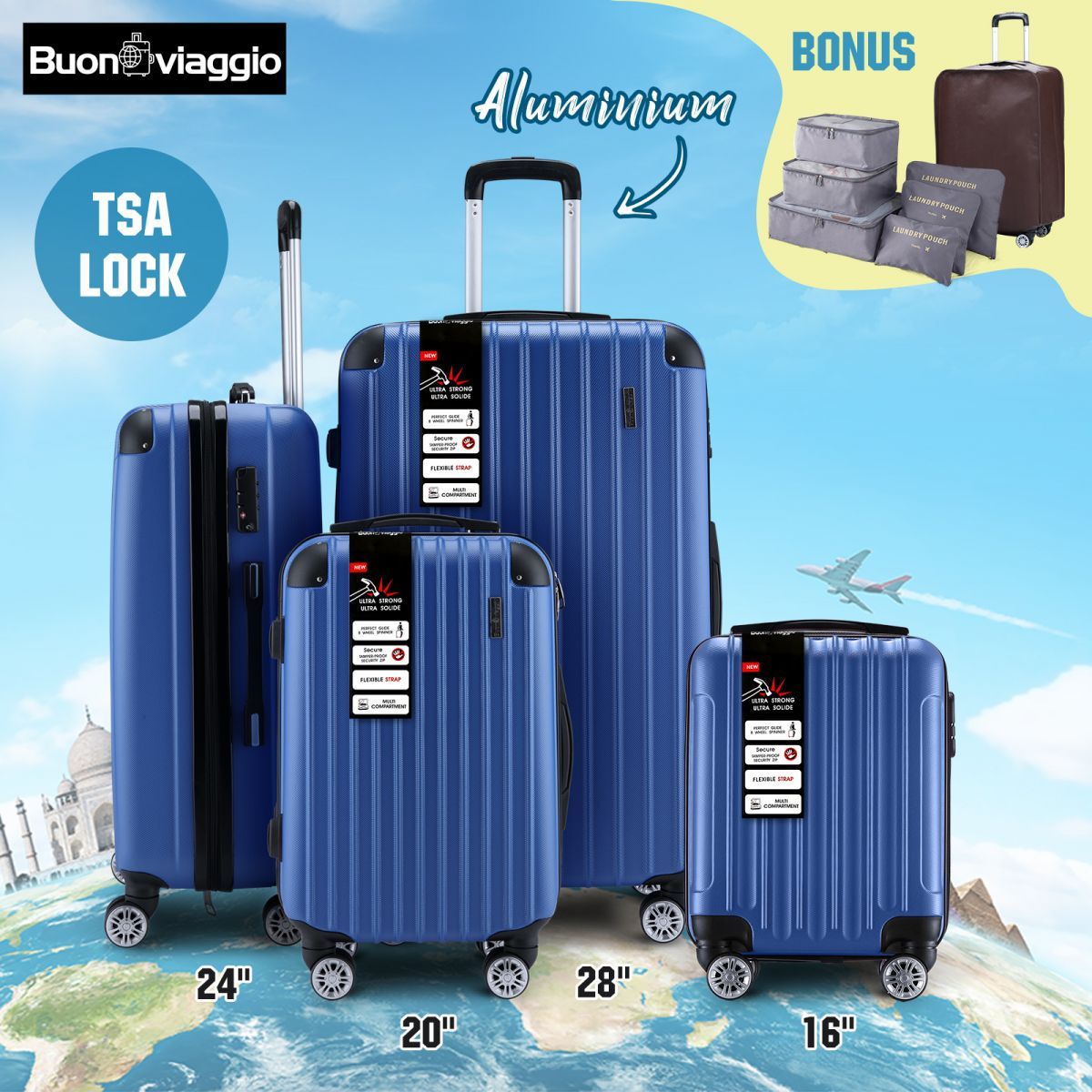 4 Piece Suitcase Set Carry On Luggage Traveller Bag Hard Shell TSA Lock Checked Trolley Rolling Lightweight Blue