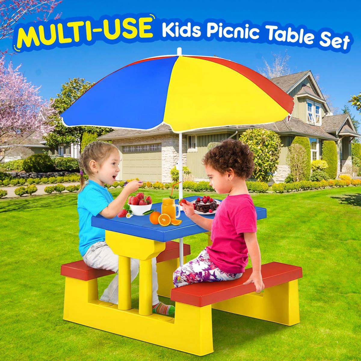 Kids Table and Chairs Toddler Childrens Picnic Activity Desk Outdoor Play Bench Set Furniture Portable Plastic with Umbrella