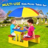 Kids Table and Chairs Toddler Childrens Picnic Activity Desk Outdoor Play Bench Set Furniture Portable Plastic with Umbrella