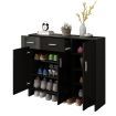 Wooden Shoe Storage Cabinet Rack Organiser Shelf Drawer Black High Gloss with Doors RGB Light