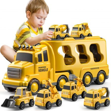Construction Toddler Truck Toys for Age 3+ Boys,5-in-1 Friction Power Vehicle Car Toy for Toddlers,Carrier Truck Toys for Kids,Christmas Birthday Gifts for Girls Age 3+
