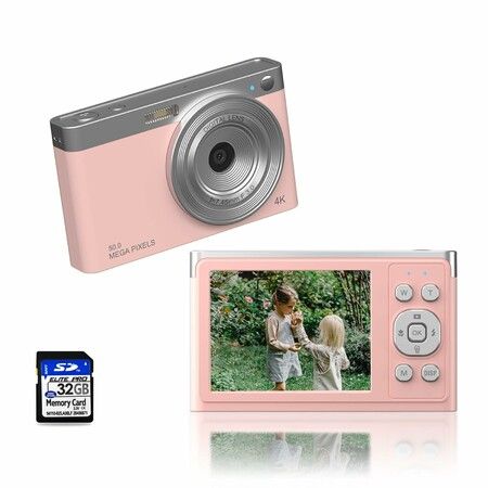 Digital Camera,Ordine 4K Kids Camera with 32GB SD Card Autofocus,50MP Compact Video Camera 16X Digital Zoom Vlogging Camera for Kids Students Teens (Pink)