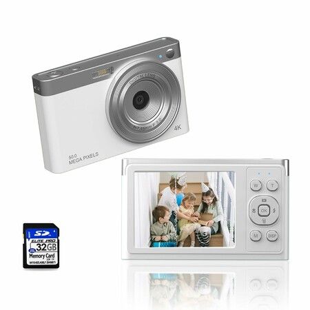 Digital Camera,Ordine 4K Kids Camera with 32GB SD Card Autofocus,50MP Compact Video Camera 16X Digital Zoom Vlogging Camera for Kids Students Teens (White)