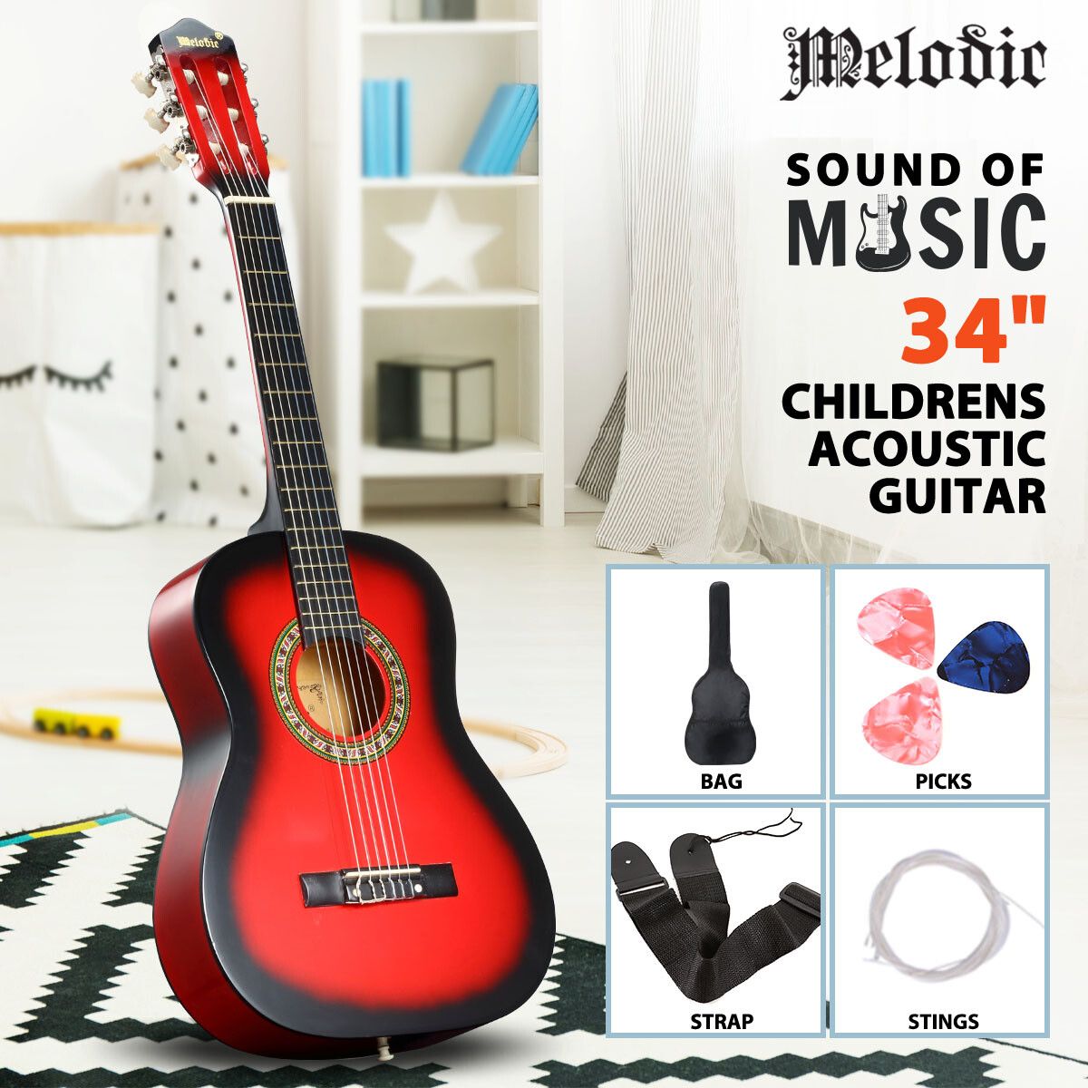 Melodic 34inch Kids Acoustic Guitar 6 Strings Tuner Cutaway Wooden Kids Gift Red