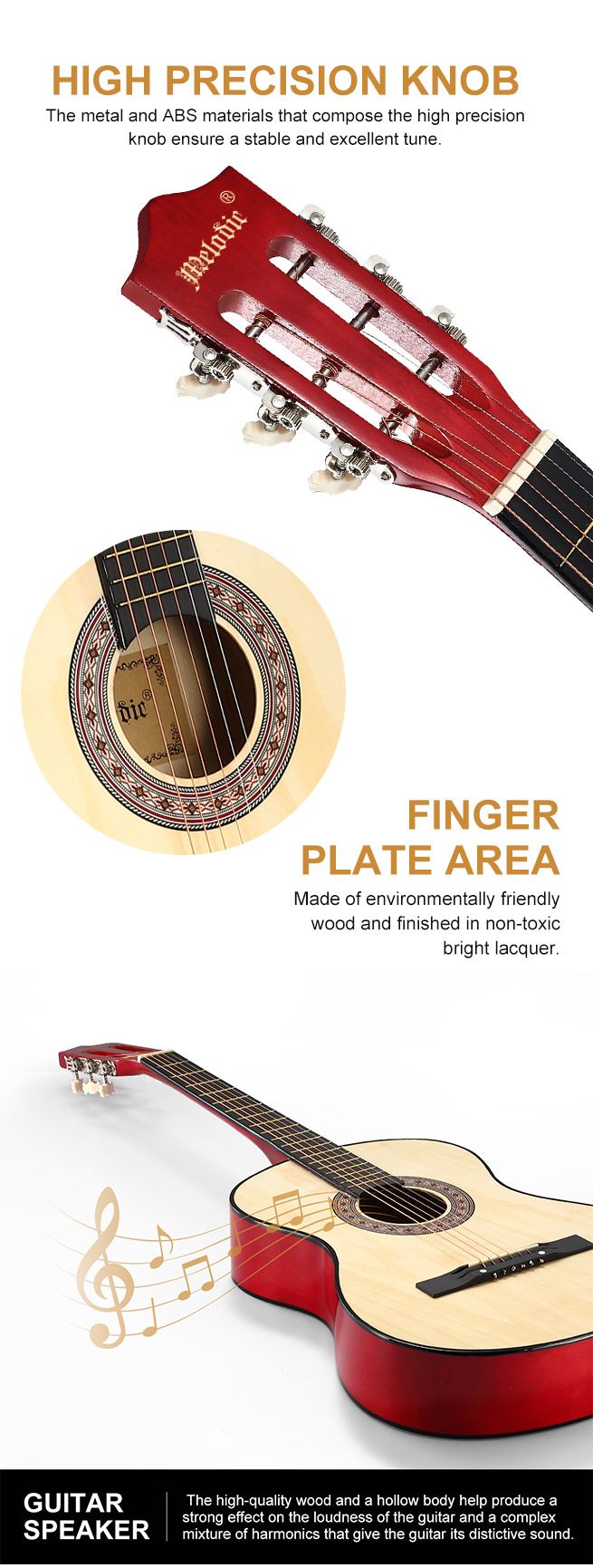 Melodic 38 Inch Folk Dreadnought Acoustic Guitar Pack Classical Cutaway Natural Wood