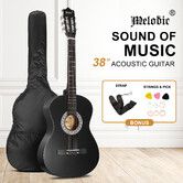 Melodic 38 Inch Folk Dreadnought Acoustic Guitar Pack Classical Cutaway Black