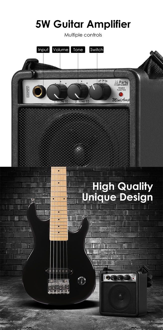 Melodic 30 Inch Children Kids Electric Musical Instrument Guitar w/ 5W Amp Picks Gig Bag Black