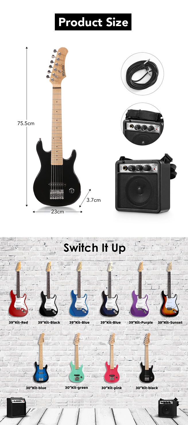 Melodic 30 Inch Children Kids Electric Musical Instrument Guitar w/ 5W Amp Picks Gig Bag Black