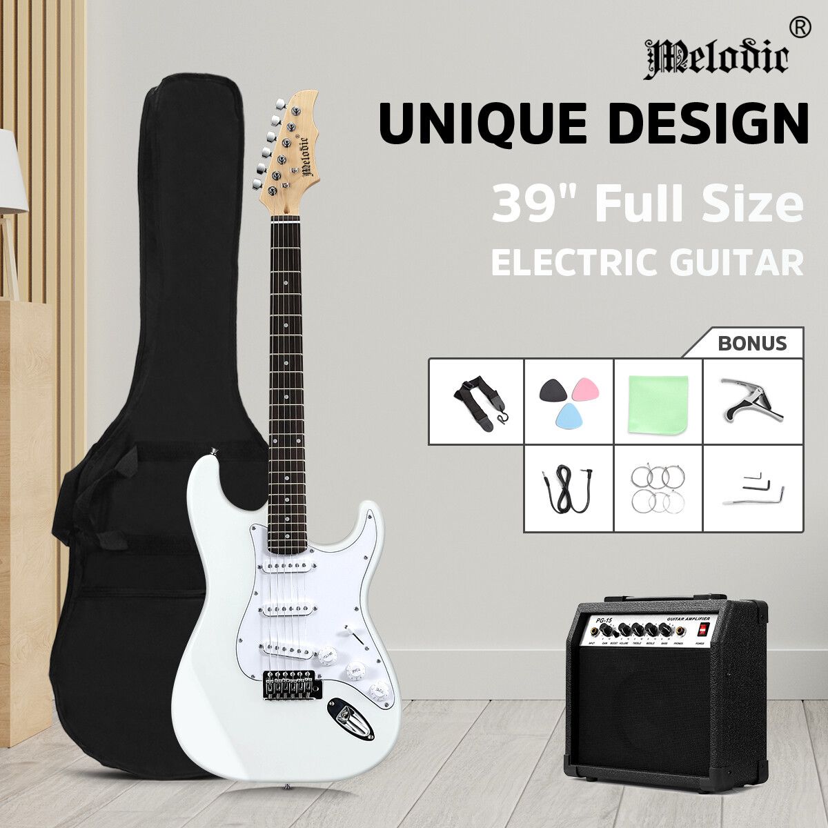 Melodic Stratocaster SSS Electric Guitar with 15W Amplifier Dakota White