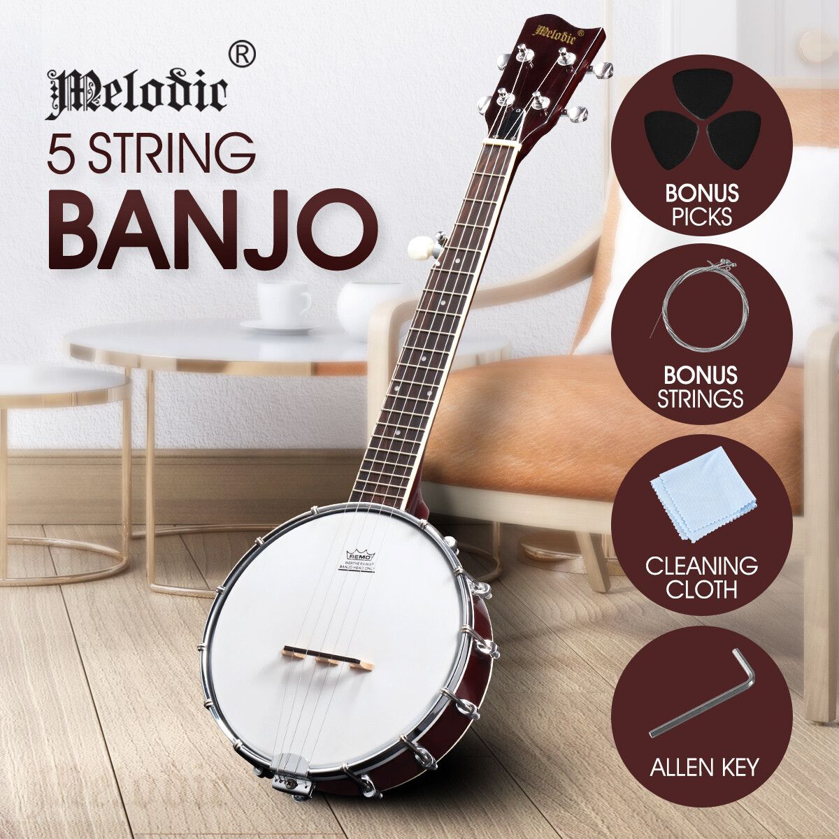 Melodic 5 String Banjo Beginner Banjo Music Instrument w/ String Picks 20 Frets 12 Brackets