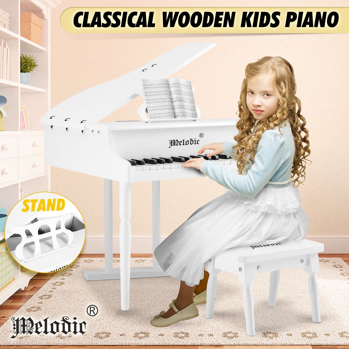 Melodic Classical Kids Piano Baby Grand Piano 30 Keys with Bench White