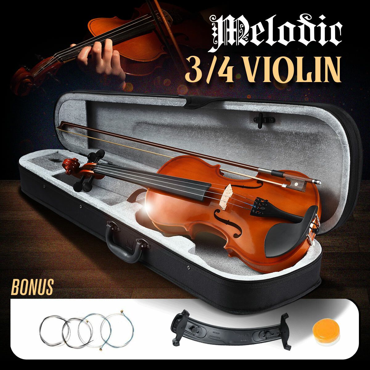 3/4 Acoustic Violin Kit 4 Strings Natural Varnish Finish w Case Bow Rosin Melodic