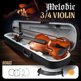 3/4 Acoustic Violin Kit 4 Strings Natural Varnish Finish w Case Bow Rosin Melodic