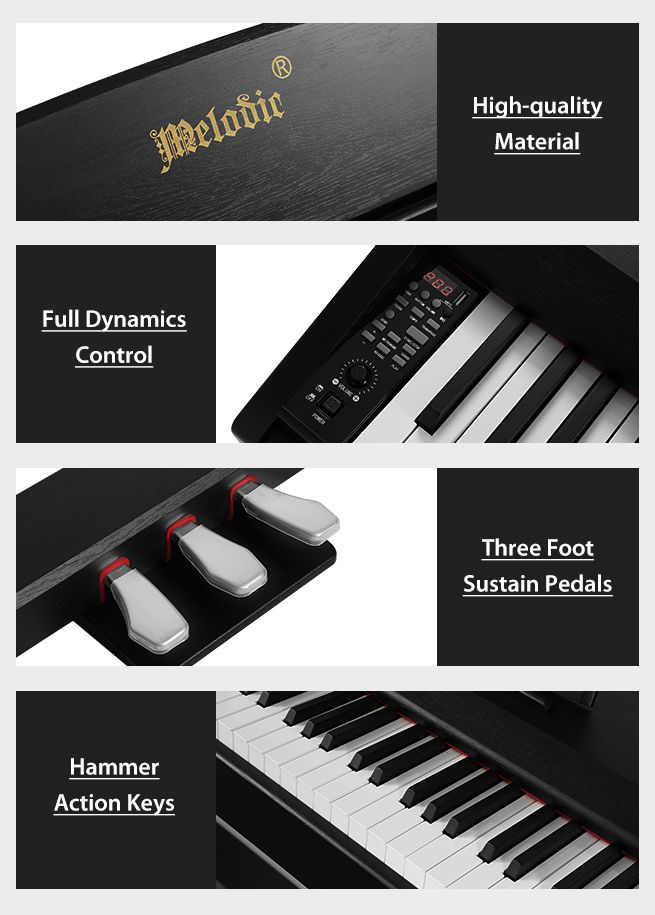 Melodic 88-Key Hammer Action Digital Piano w/ Weighted Keyboard 128 Polyphony 3 Pedals Black