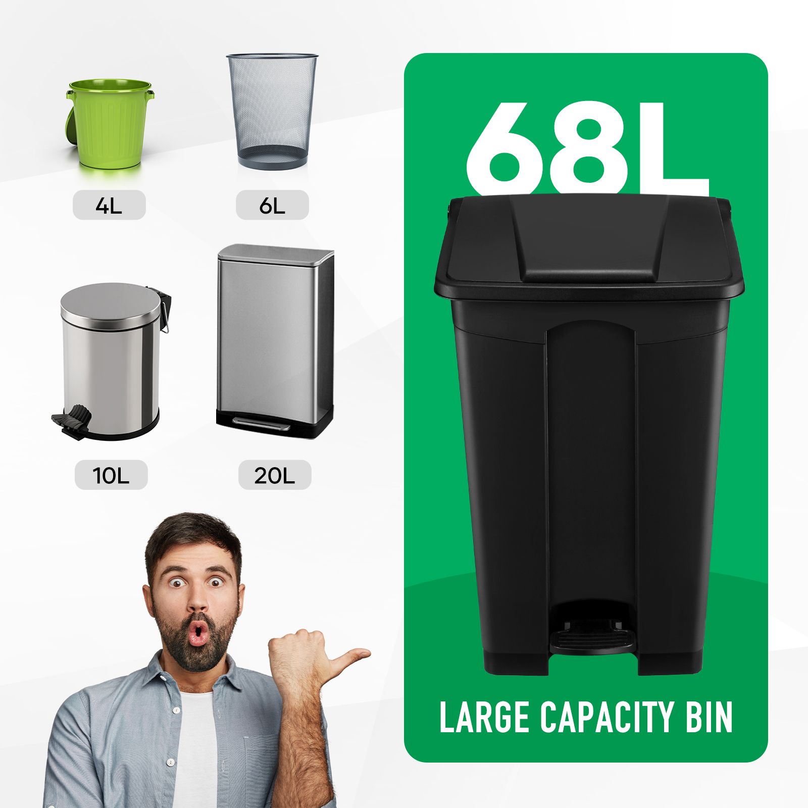 68L Rubbish Bin Kitchen Compost Dustbin Garbage Trash Waste Recycling Can Pedal Garden Home Office Large Plastic Black