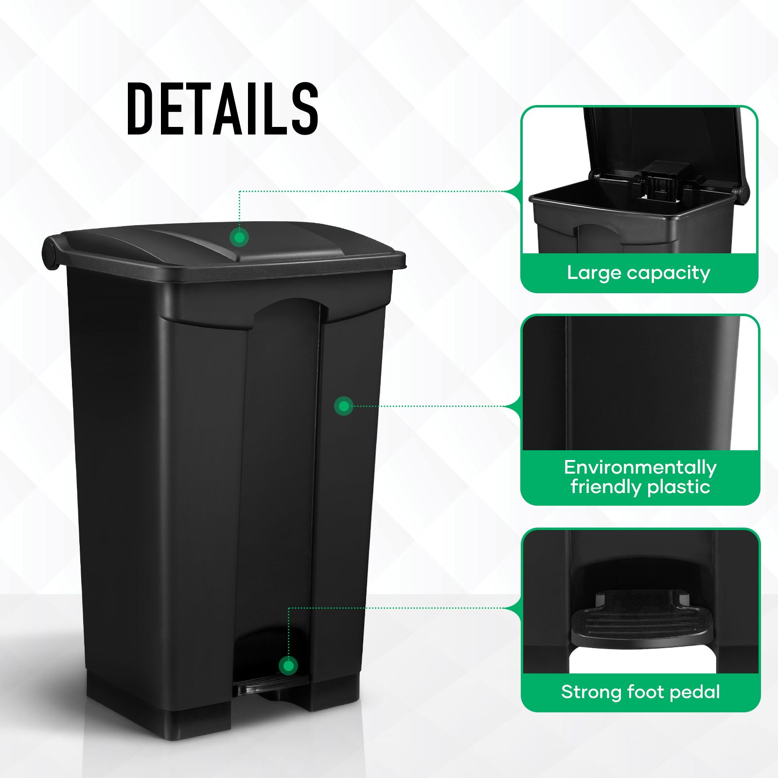 68L Rubbish Bin Kitchen Compost Dustbin Garbage Trash Waste Recycling Can Pedal Garden Home Office Large Plastic Black