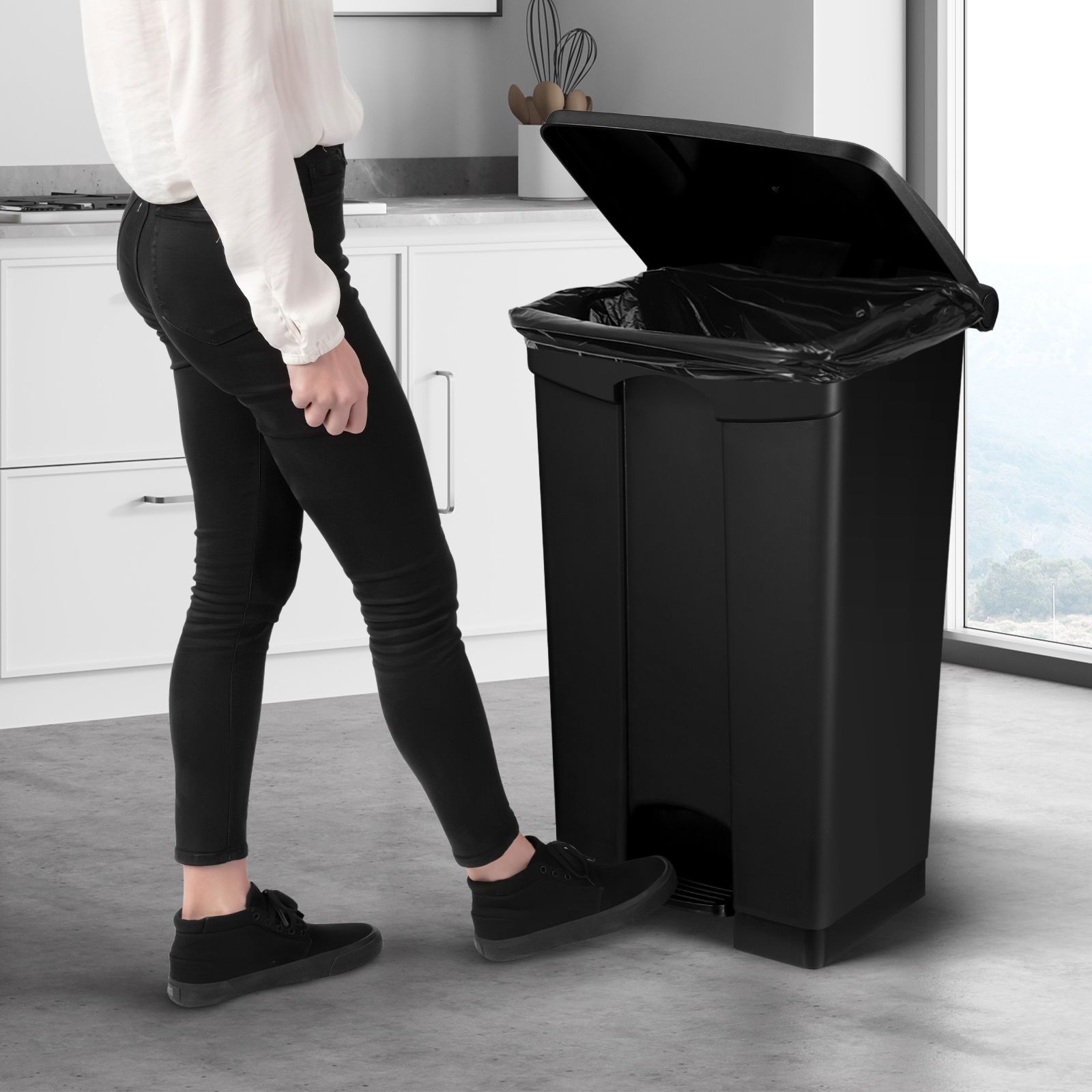 87L Rubbish Trash Bin Kitchen Dustbin Garbage Waste Recycling Compost Can Pedal Black Large Plastic for Garden Home Office