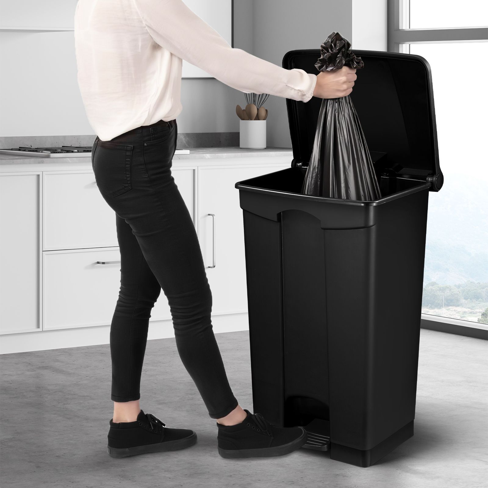 87L Rubbish Trash Bin Kitchen Dustbin Garbage Waste Recycling Compost Can Pedal Black Large Plastic for Garden Home Office