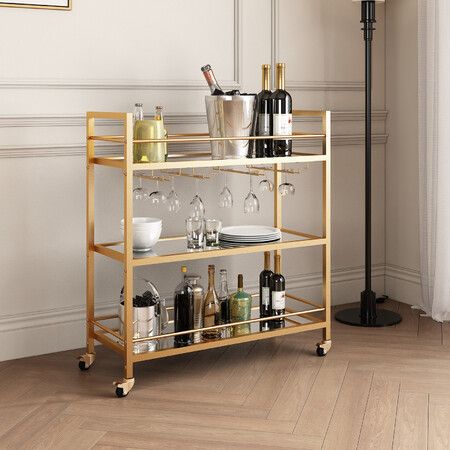 Bar Cart Wine Rack Drinks Trolley Glass Holder Gold Bottle Storage Liquor Shelf Serving With Wheels Party Kitchen