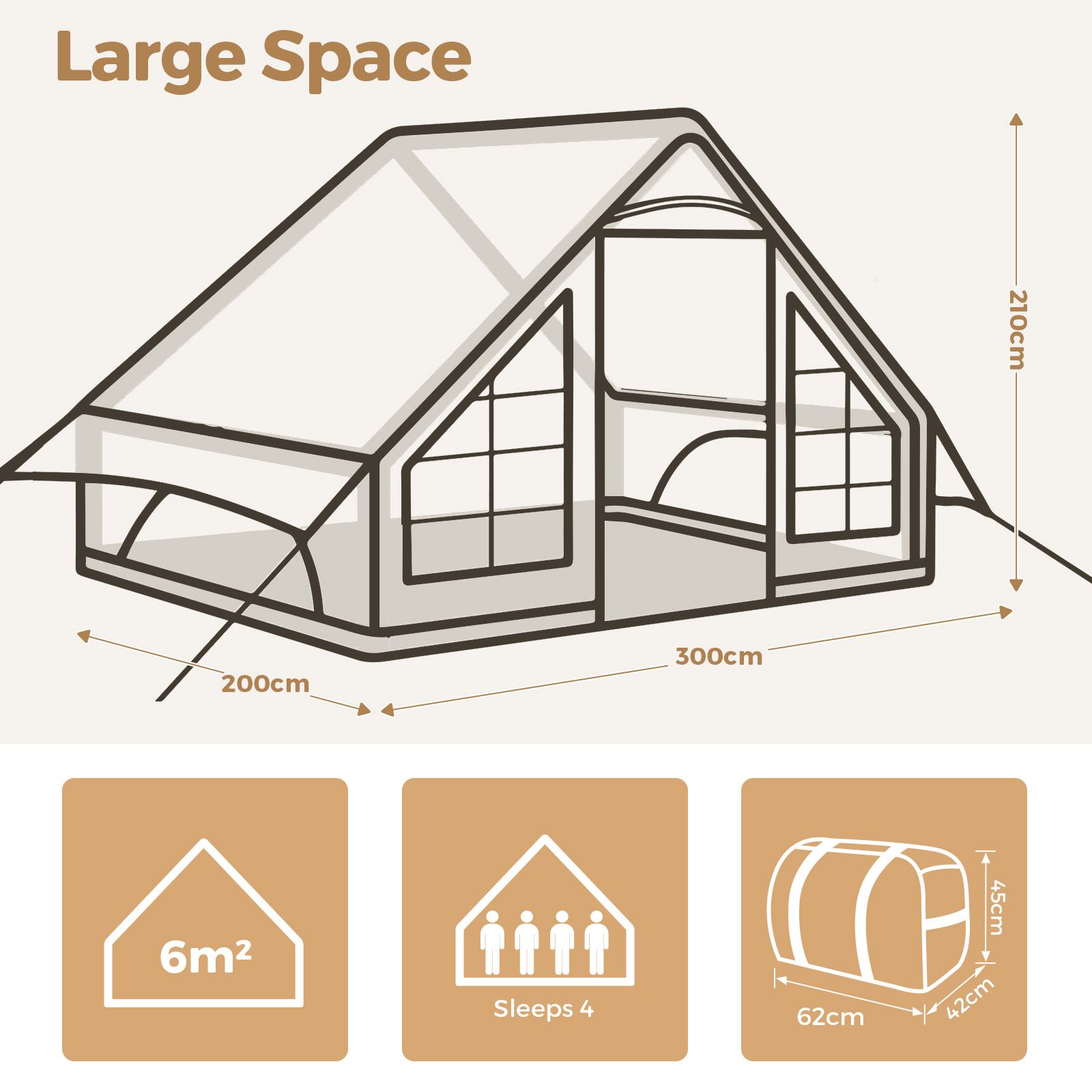 Inflatable Air Tent Blow Up Party Camping 4 Person Glamping Family 4 Season Winter Outdoor XL Easy Setup Sun Water Proof Oxford Pump 3x2x2.1m