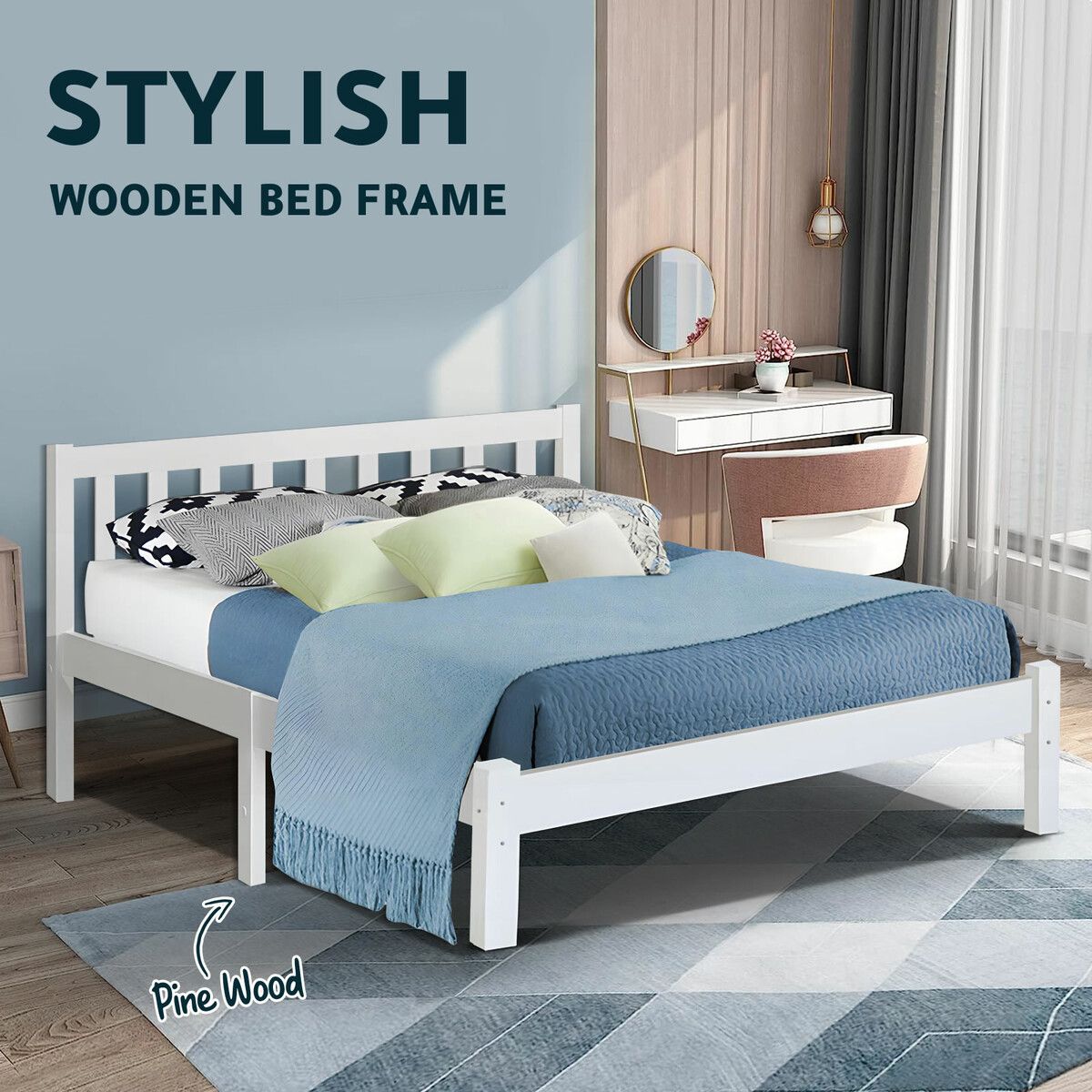 Bed Frame Wooden Mattress Base Double Size Solid Timber Pine Wood White ...