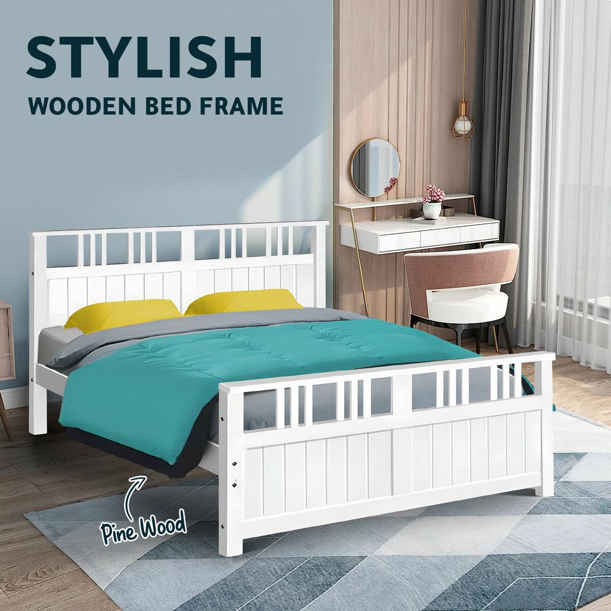 Bed Frame Wooden Mattress Base Queen Size Solid Timber Pine Wood White Bedroom Furniture