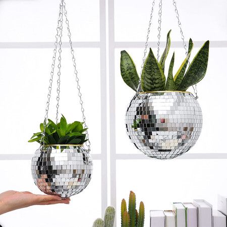 Disco Ball Plant Hanger, Mirrorball Disco Planter with Chain and Macrame Hanger, Hanging Planters for Indoor Plants 15cm Silver