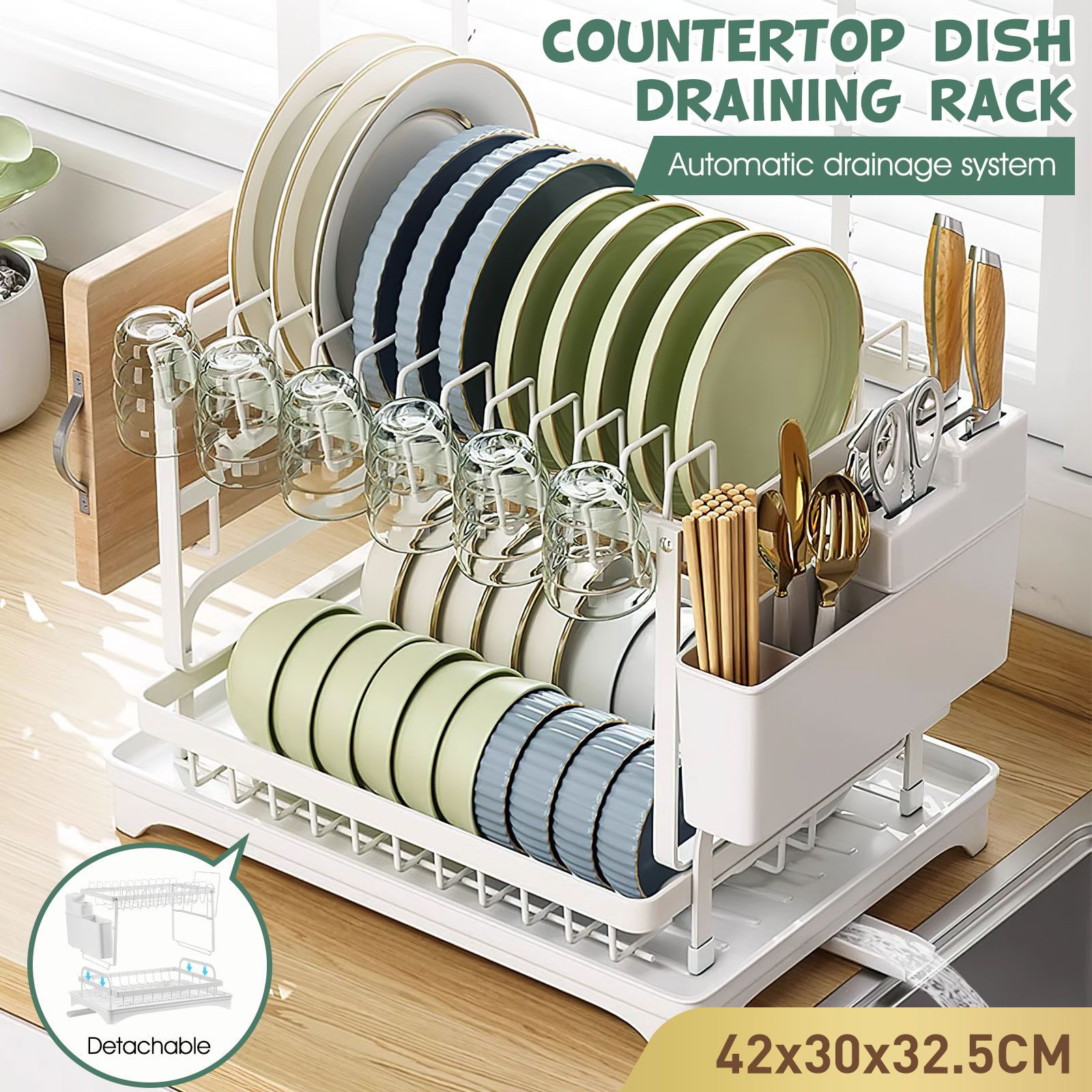 Dish Drying Rack 2 Tier Plate Over Sink Drainer Cutlery Utensil Holder Kitchen Organiser Storage Shelf Auto Drainage