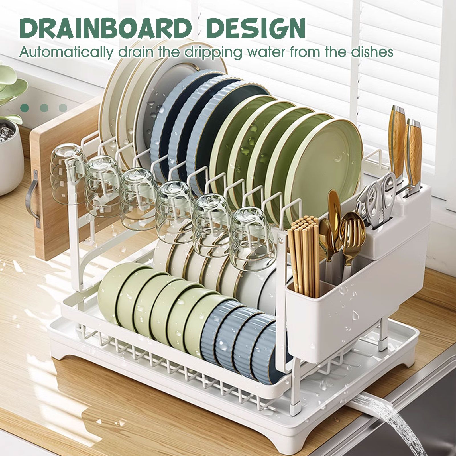 Dish Drying Rack 2 Tier Plate Over Sink Drainer Cutlery Utensil Holder Kitchen Organiser Storage Shelf Auto Drainage