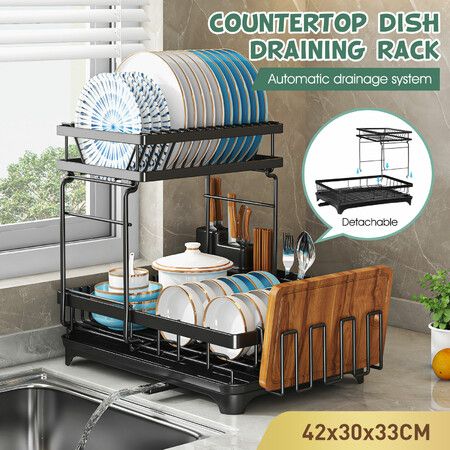 Dish Drying Rack Drainer Cup Plate Holder Cutlery Storage Tray Kitchen Organiser 2 Tier Shelf Auto Drainage