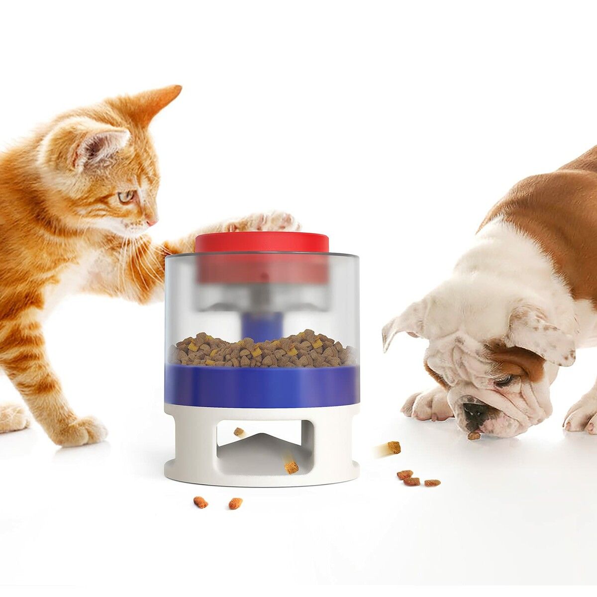 Automatic Dog Feeder, Dog Cat Food Dispenser with Interactive Button Puzzle Trigger Pet Toys Dispensing,  Great for Portion Control and Quick Eaters Color Red And Blue