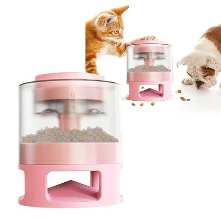 Automatic Dog Feeder, Dog Cat Food Dispenser with Interactive Button Puzzle Trigger Pet Toys Dispensing,  Great for Portion Control and Quick Eaters Color Pink
