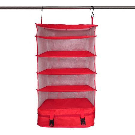 Outdoor Travel Suitcase Storage Bag, Five-Layer Hanging Bag Storage Bag Home Foldable Mesh Storage Bag (Red)