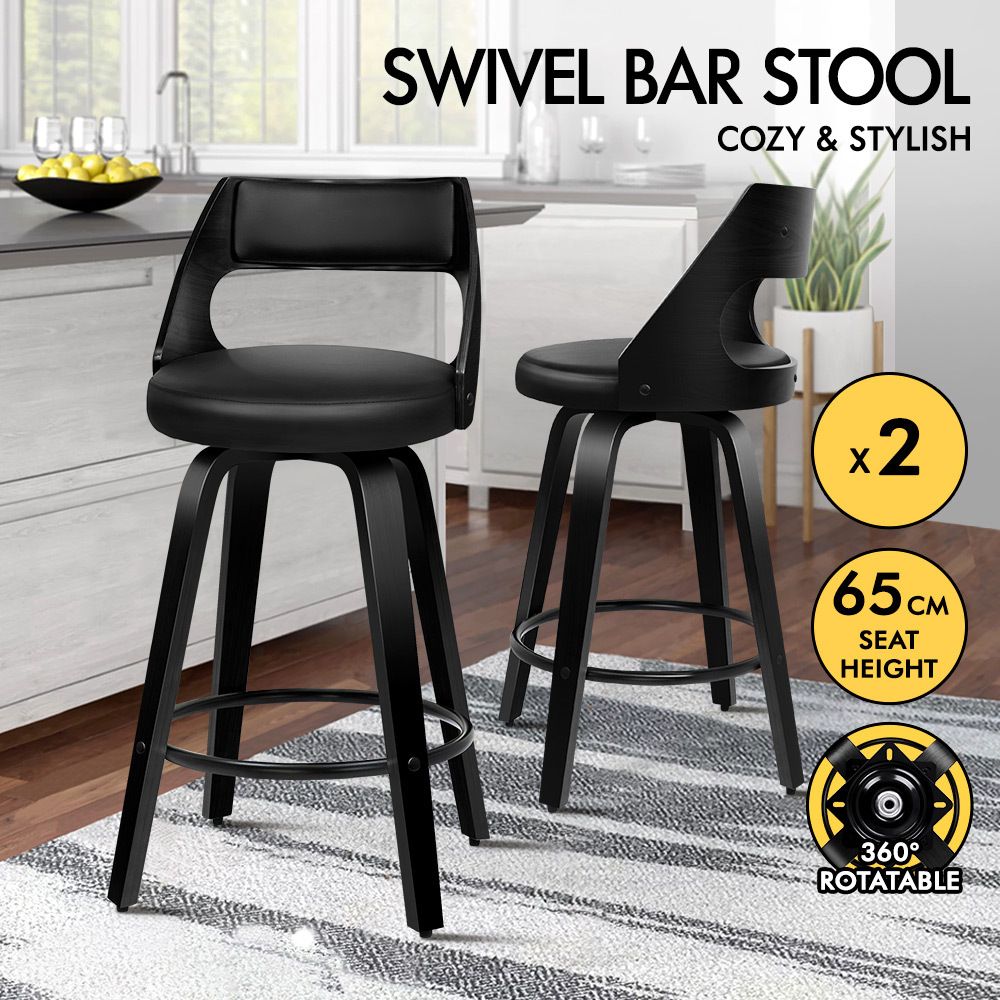 ALFORDSON 2x Swivel Bar Stools Eden Kitchen Wooden Dining Chair ALL BLACK