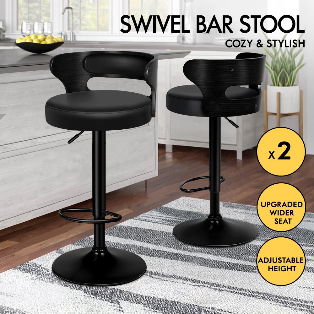 ALFORDSON 2x Bar Stool Kitchen Swivel Chair Wooden Leather Ramiro All Black