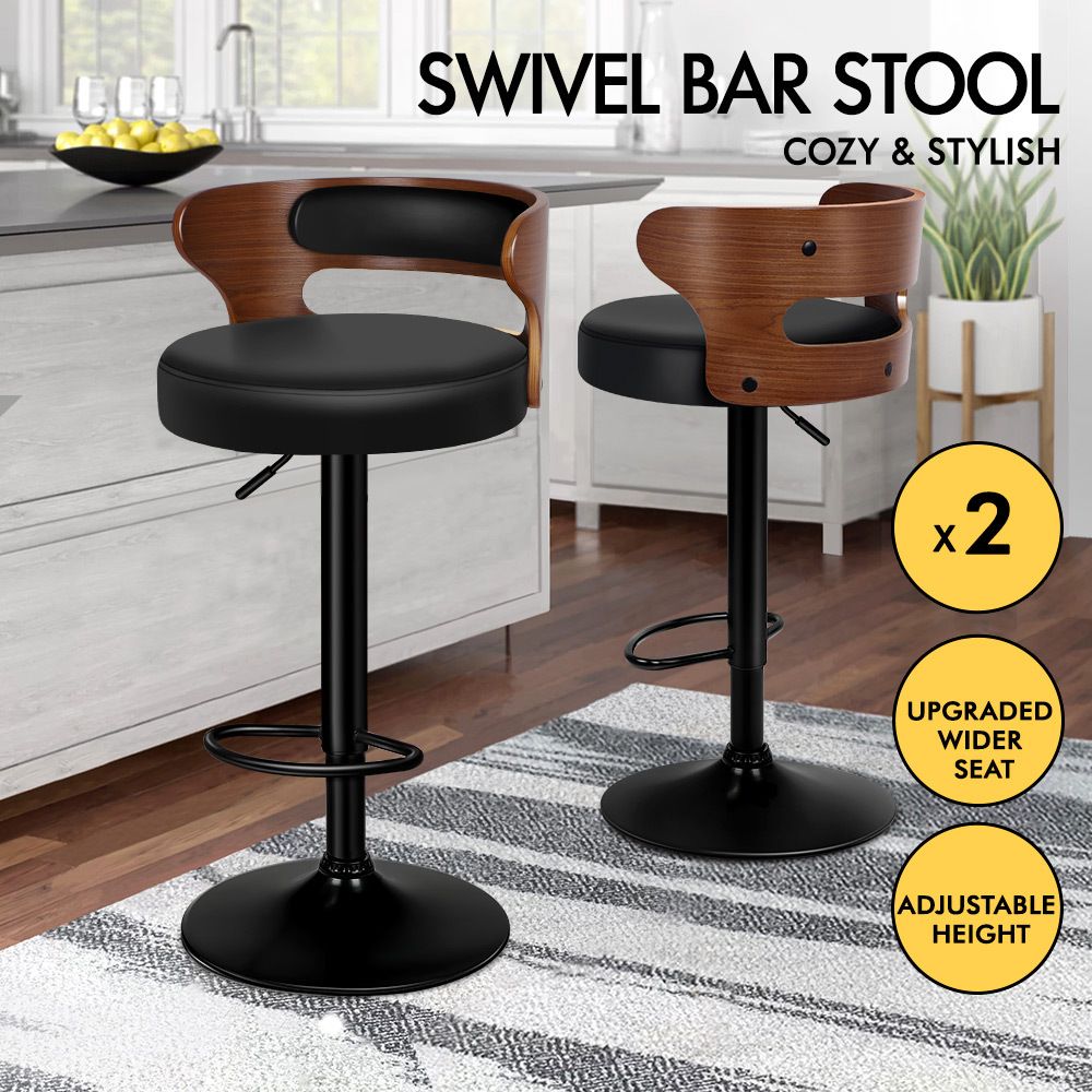 ALFORDSON 2x Bar Stool Kitchen Swivel Wooden Leather Gas Lift Ramiro Black