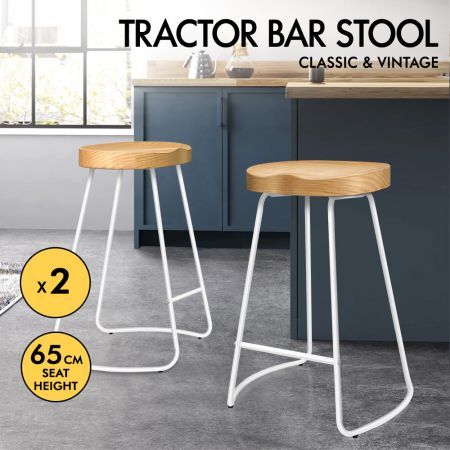 ALFORDSON 2x Bar Stools 65cm Tractor Kitchen Wooden Vintage Chair White