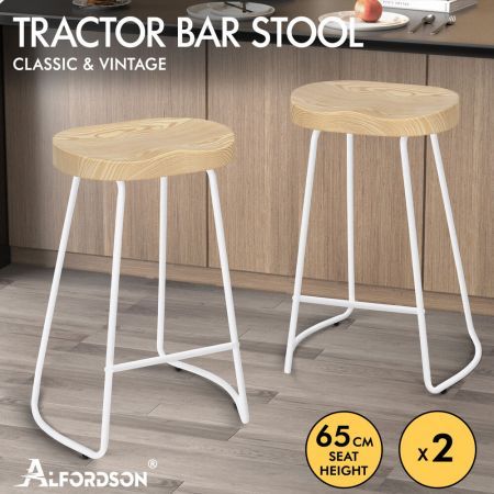 ALFORDSON 2x Bar Stools 65cm Tractor Kitchen Wooden Vintage Chair White
