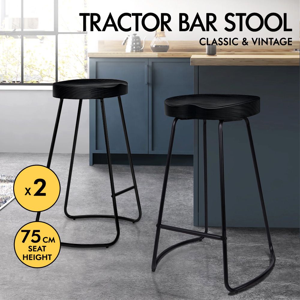 ALFORDSON 2x Bar Stools 75cm Tractor Kitchen Wooden Vintage Chair Black