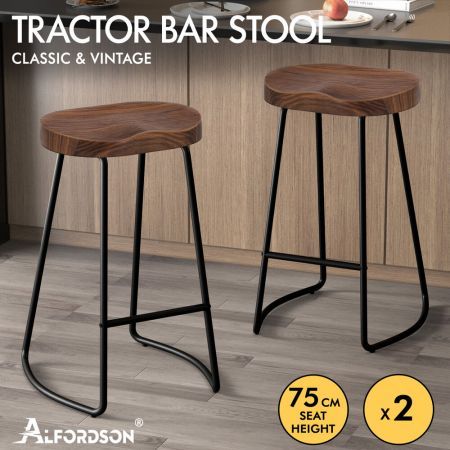 ALFORDSON 2x Bar Stools 75cm Tractor Kitchen Wooden Vintage Chair Dark