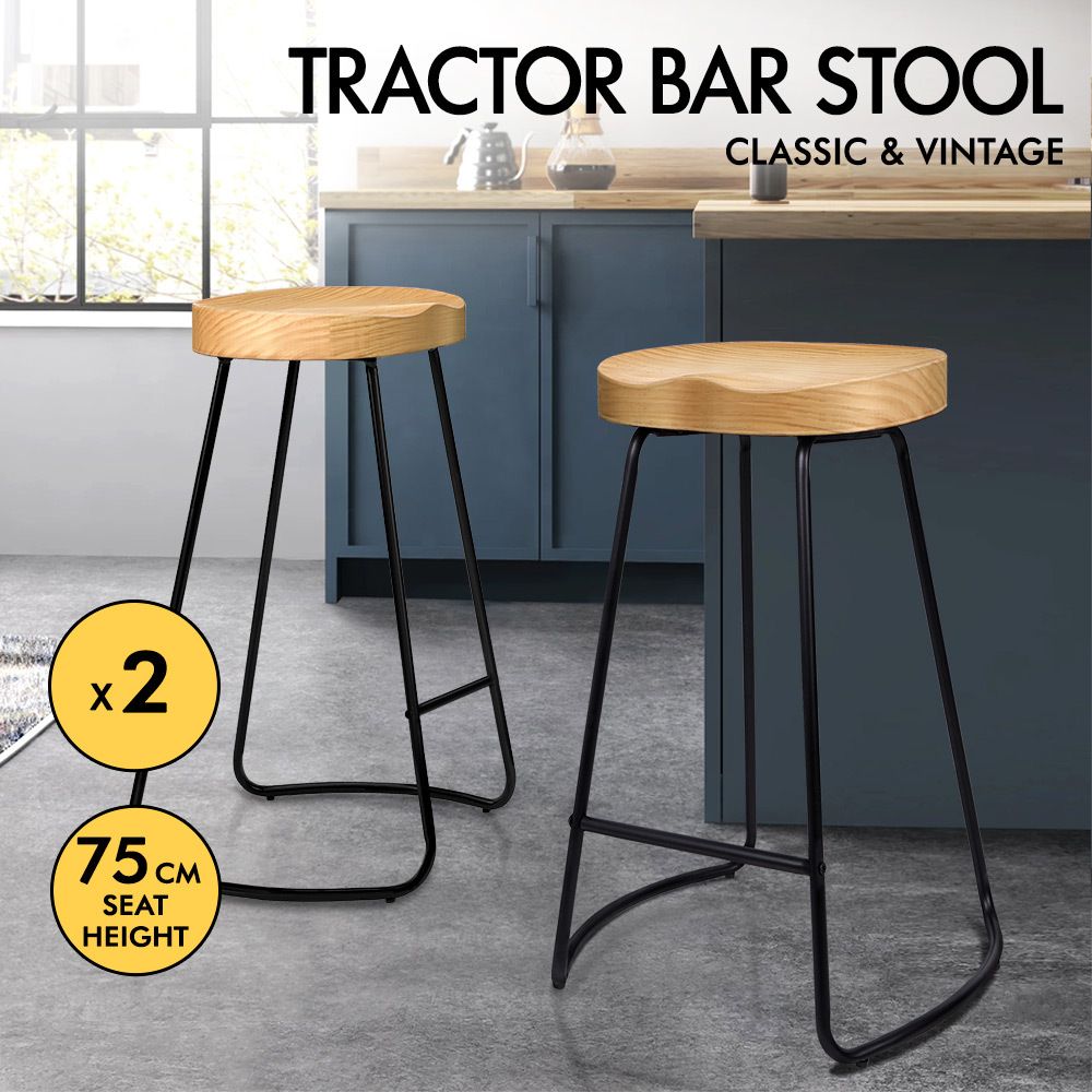 ALFORDSON 2x Bar Stools 75cm Tractor Kitchen Wooden Vintage Chair Natural