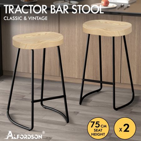 ALFORDSON 2x Bar Stools 75cm Tractor Kitchen Wooden Vintage Chair Natural